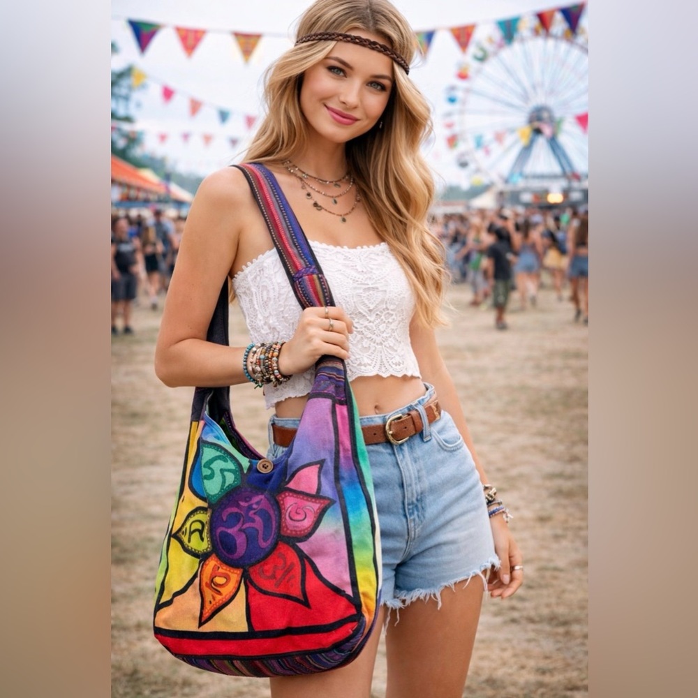Kathmandu Colorful Lotus Flower OM Symbol Cotton Sling Bag Zipper Pockets NWT